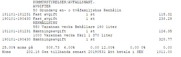 Bild av en faktura med poster för olika kommunala avgifter såsom grundavgift och hämtningsavgift med priser och datum.