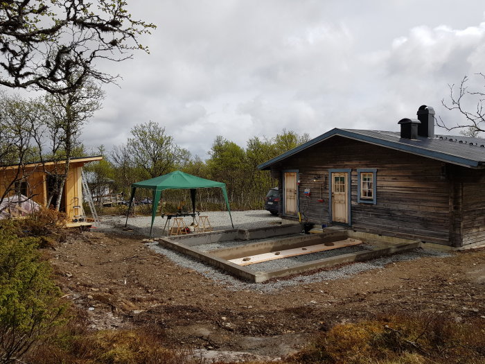 Markarbeten och förberedelser för husutbyggnad med etablerat regnskydd intill befintligt timmerhus.