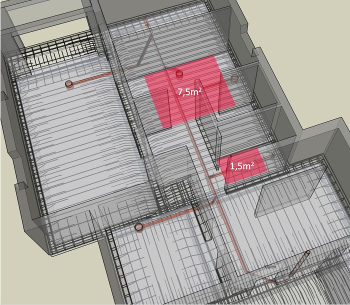 3D-skiss av ett källargolv med markerade områden på 7,5 och 1,5 kvadratmeter för planerad golvvärme.