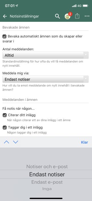 Skärmdump av notisinställningar på en mobil med alternativ för bevakade ämnen och meddelanden.