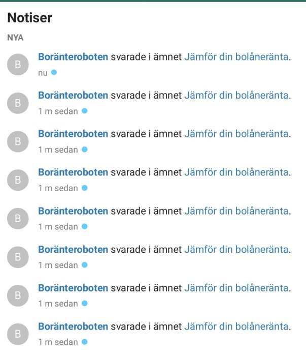 Skärmklipp med notiser där "Boränteroboten" svarat upprepade gånger i ämnet "Jämför din bolåneränta.