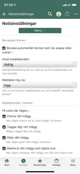 Skärmdump av notisinställningar på ett forum där användare kan anpassa frekvens och typ av aviseringar.