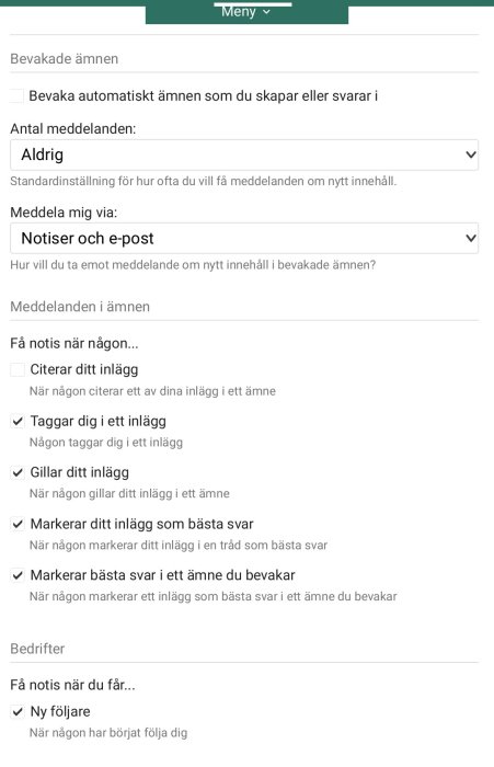 Skärmdump av notifikationsinställningar på ett forum, inklusive alternativ för e-post och push-notiser.