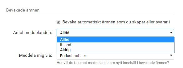 Inställningsmeny för notifikationer med alternativen "Alltid", "Ibland" och "Aldrig" markerade på "Ibland".