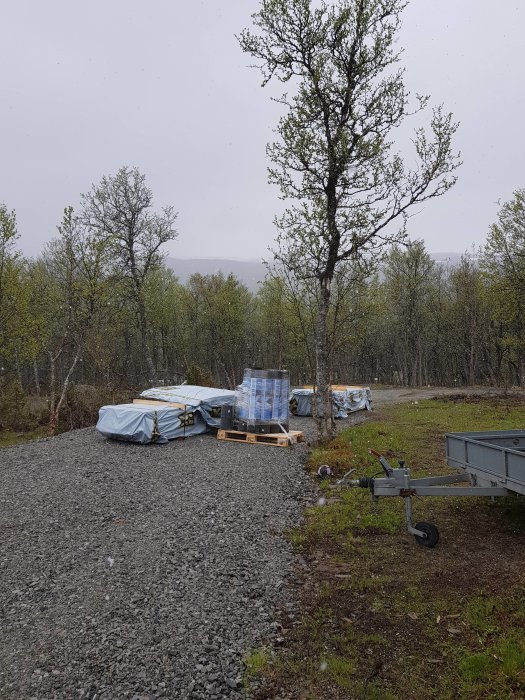 Virkesleverans på grusmark med täckta timmerhögar under snöfall och träd i bakgrunden.