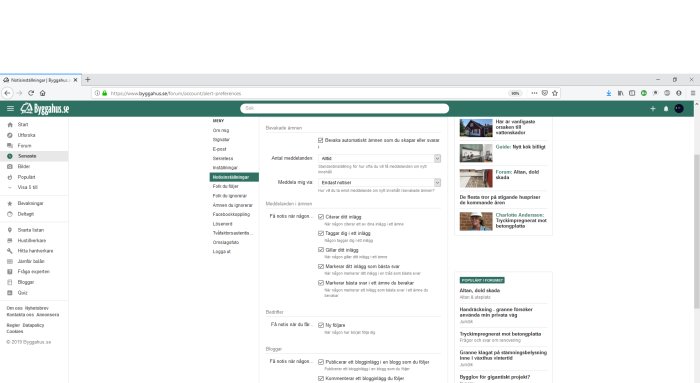 Skärmdump av användarens inställningar för e-postmeddelanden på ett diskussionsforum.