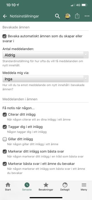 Skärmdump av notisinställningar i ett forum, visar val för automatisk bevakning och notisalternativ.