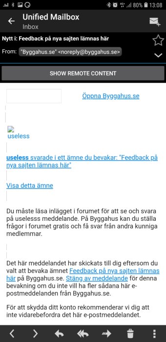 Skärmavbild av en mobil e-postinkorg med ett öppet meddelande från "Byggahus.se" och diskussion om notifieringar.
