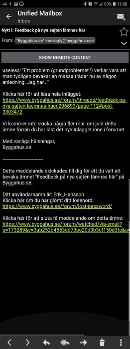 Skärmbild av en mobiltelefon som visar en e-postinkorg med ett meddelande från byggahus.se.