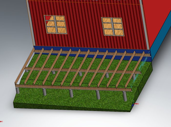 3D-rendering av en obyggd altanstruktur med bärbjälkar, golvvirke och plintar intill en röd husvägg.