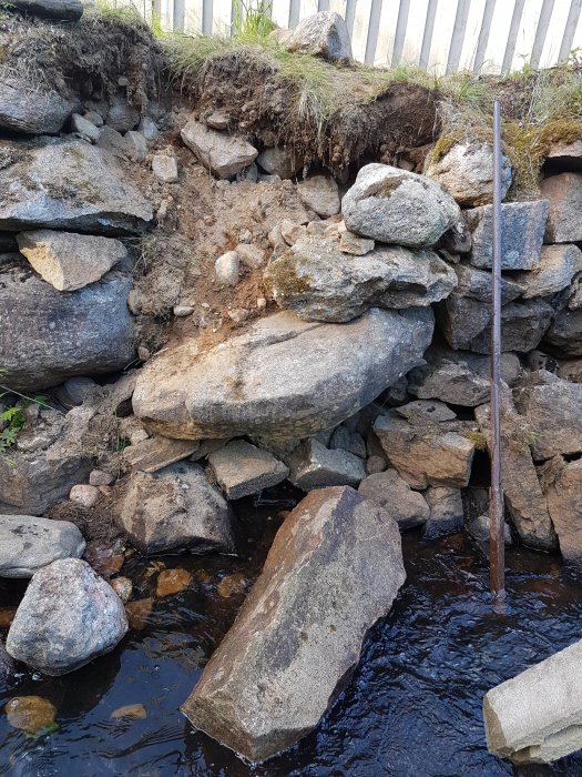 Delvis raserad stenkant vid å, med större snett block nära vattenytan och synlig erosion under grästuvor.