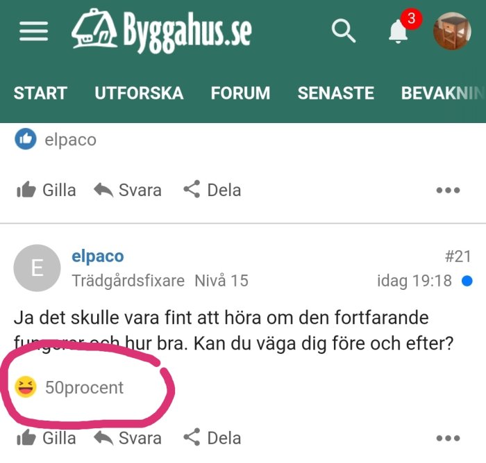 Skärmdump från diskussionsforum med inlägg som innehåller texten "50procent" och en halvskrattande emoji.