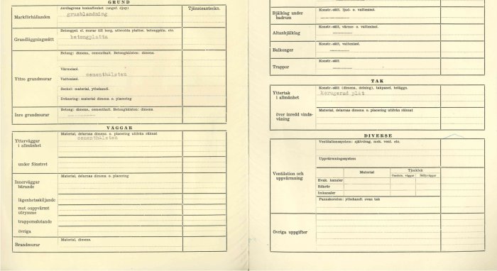 Gamla bygglovshandlingar med tekniska specifikationer för husgrund och väggar.