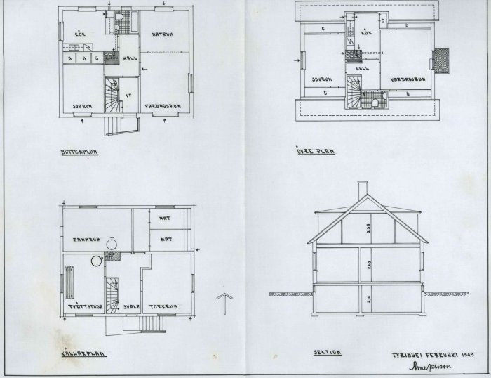 Husritningar från 1950 som visar bottenvåningen, övervåningen, källarplan och tvärsnitt av ett 1 1/2-planshus.