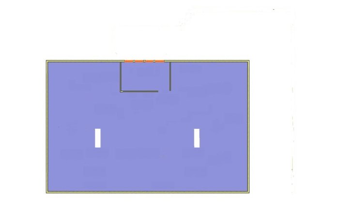 Schematisk ritning av en planlösning för ett hus med markerade väggar och två fönster.