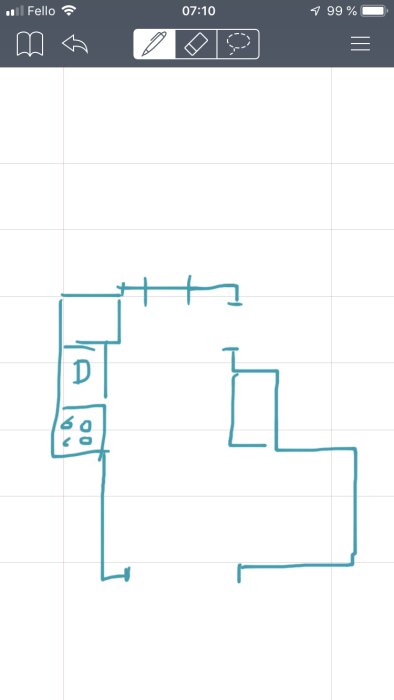 Ritning av kökslayout med markerade eluttag och bänkytor för planering av belysning.