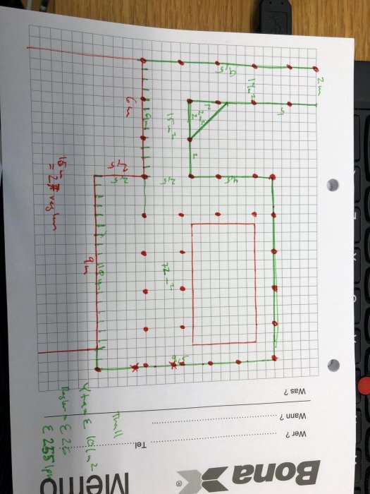 Ritning över ett planerat trädäck med röda och gröna linjer samt markeringar för stödpunkter.