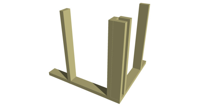 3D-modell av en träkonstruktion som visar ett förstärkt hörn med stående reglar och liggande hammarband.