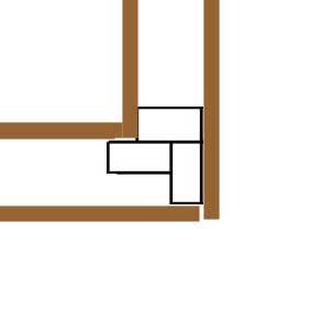 Schematisk illustration av hörnkonstruktion med överlappande 2"x4" träreglar i en traditionell byggstil.