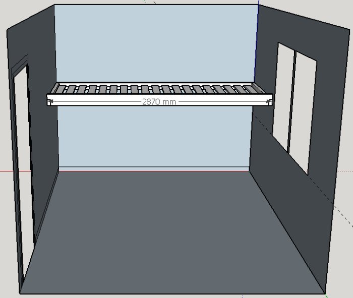 Skiss av ett planerat sängloft i ett rum med måttet 2870 mm angivet för spannet.