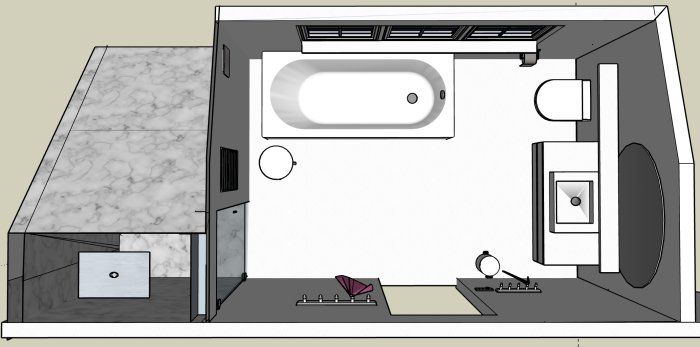 3D-skiss av ett badrumsutformning med badkar, toalett, kommod och bänkyta.