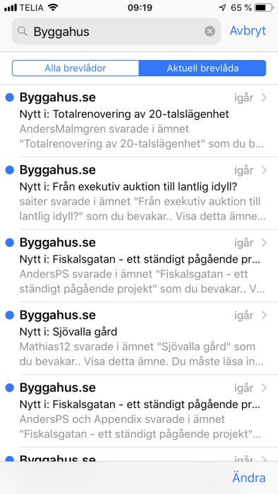 Skärmdump av en inkorg med e-post från Byggahus forum med flera trådnotiser.