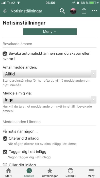 Skärmdump av notisinställningar i en mobilapp där användaren valt meddelandesätt 'Inga'.