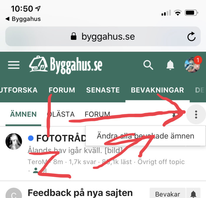 Skärmdump av en webbsida för bygghus.se som visar hur man ändrar bevakningsinställningar.