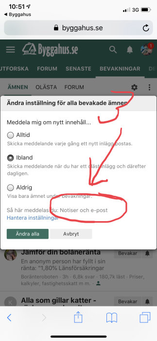Skärmdump från Byggahus.se med öppnad meny för ändring av notifikationsinställningar för bevakade ämnen.
