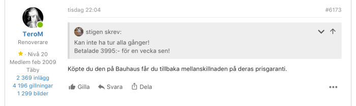 Skärmdump av forumtråd där TeroM tackar för tips om prisgaranti och framgångsrik återbetalning.