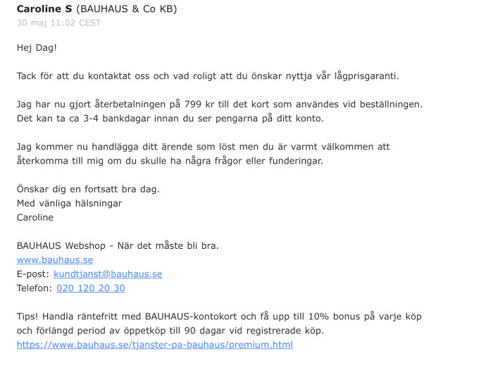 E-postmeddelande från Bauhaus kundtjänst om bekräftelse på återbetalning för en AEG-fräs.