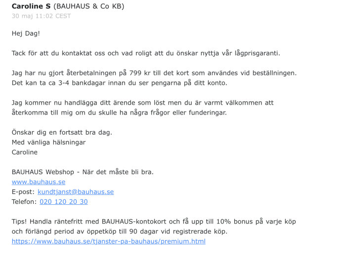E-postmeddelande från BAUHAUS med bekräftelse på prisjustering enligt lågprisgaranti.