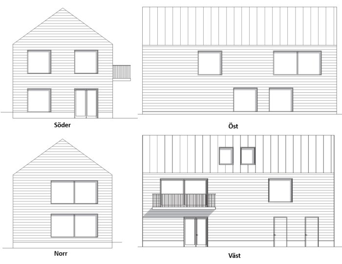 Planritningar av ett tvåplanshus från fyra olika håll inklusive fönster och balkonger.