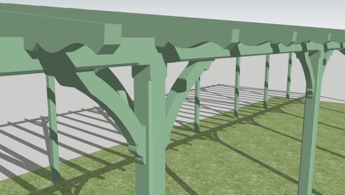 3D-skiss av en pergola med skuggmönster på marken, inspirerad av ett stationshus.