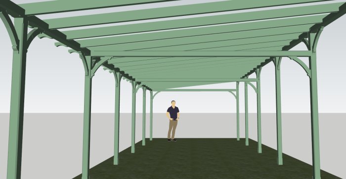 3D-skiss av en grön pergola med person som står under. Inspirerad av stationshusets skärmtak.