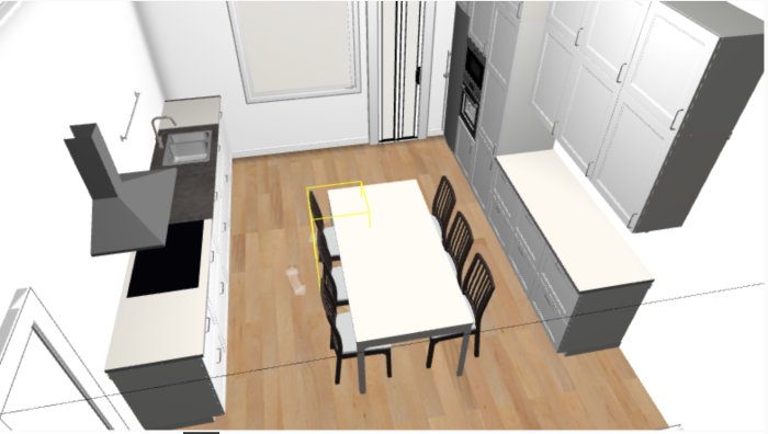 3D-ritning av ett kök med matbord och fyra stolar, skåp längs väggarna och parkettgolv.