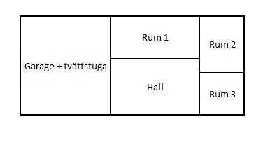 Planritning över 1-plansvilla med suterräng, inklusive garage, tvättstuga, hall och tre rum.