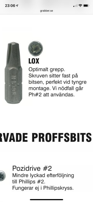 Skärmdump från Grabber visar LOX och Pozidrive #2 bits med text beskrivning om användning och grepp.