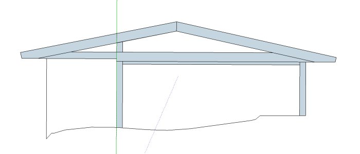 CAD-ritning av husmodell med enkel sadeltakskonstruktion.
