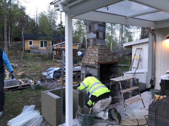 Byggarbetsplats med personer som murar en utomhuseldstad av leca och tegel under ett altantak.