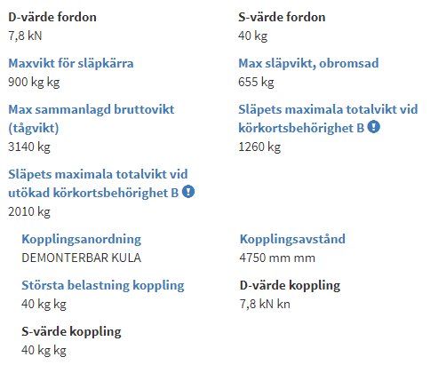 Skärmdump som visar tekniska data för ett fordon från Transportstyrelsens hemsida, inkluderar D-värde och släpvagnsvikter.