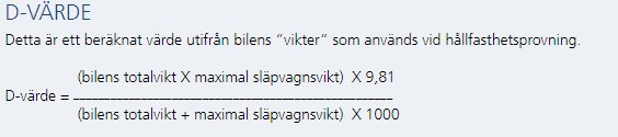 Formel för beräkning av bilens D-värde för släpvagnskoppling med textbeskrivning.