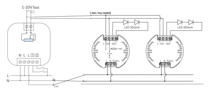 Schematisk ritning av inkoppling för Plejd CTR-01 och drivdon med 1-10V dimning.