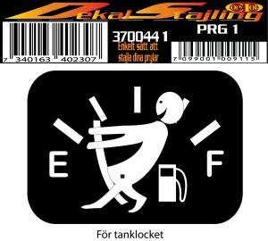 Etikett för tanklocket med en illustration av en person som drar ett tanklock med bränslemätare från E till F.