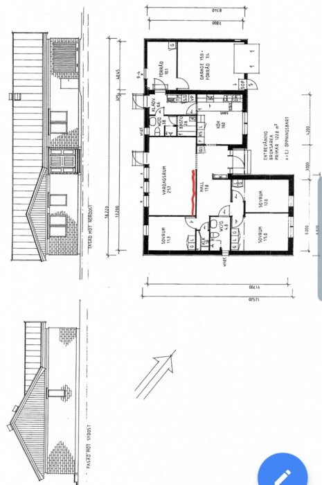 Rakennuksen pohjapiirros, jossa punainen viiva korostaa seinää olohuoneen ja hallin välillä. Pohjakerroksen Gullringshus 1-plan vuodelta 1989.