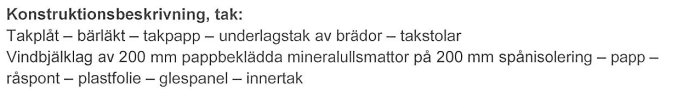 Textdokument som beskriver takkonstruktion med lager av takplåt, bärlek, takpapp, underlagstak, takstolar och isoleringsmaterial.