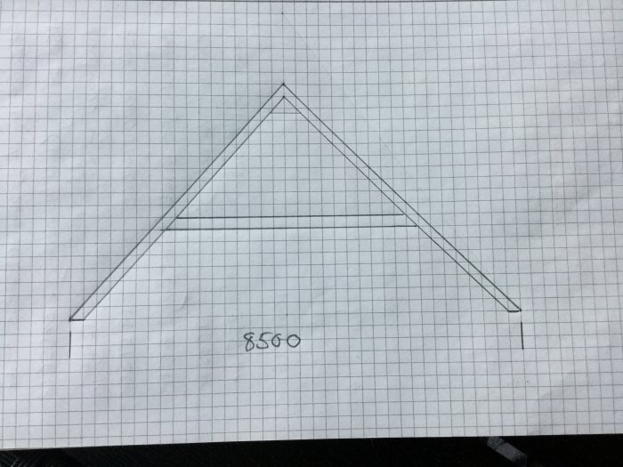 Handritad skiss av en takkonstruktion med mittbalk och måttet 5500 angivet.