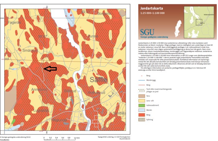 Karta från SGU med markerad plats där användaren bor med en svart pil på bergig terräng i beige och rödtoner.