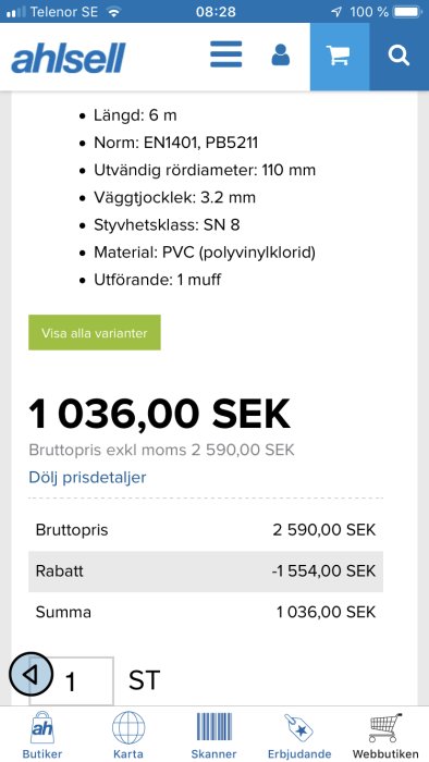 Skärmdump från Ahlsell-appen som visar prisinformation för en PVC-rörprodukt.
