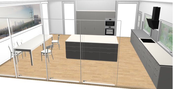 3D-ritning av kökslayout med ö, inbyggda apparater och matbord i ett ljust rum.